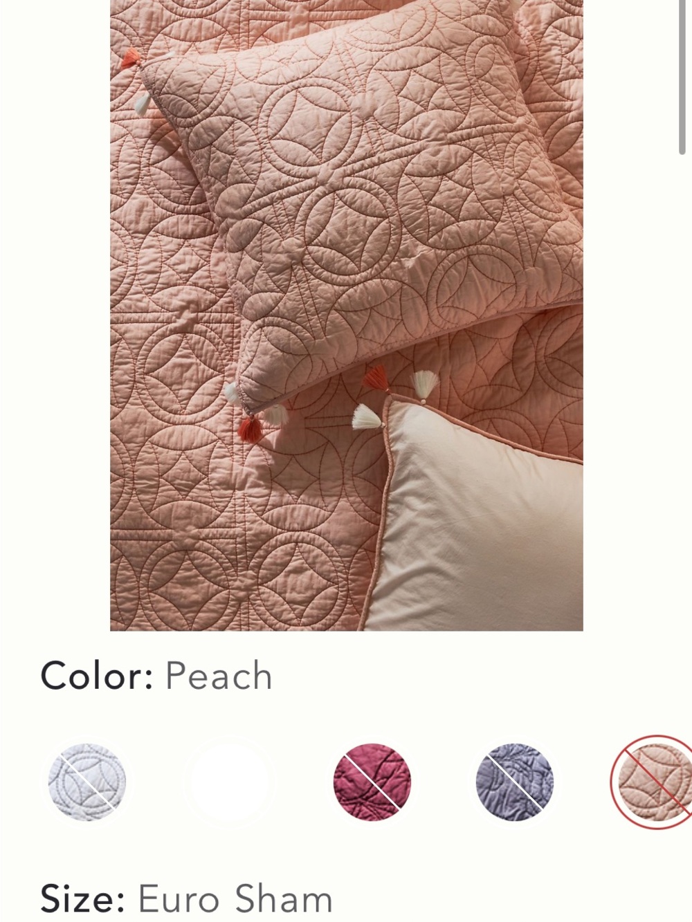 Anthropologie Peach Queen Quilt and Quilted Euro Shams with Tassel Accents